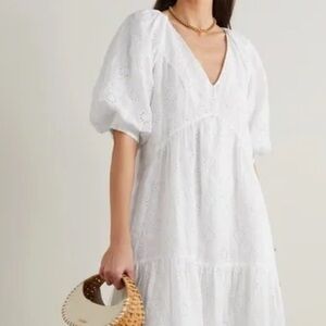 Revolve Frame Denim White Eyelet V-Neck Puff Sleeve